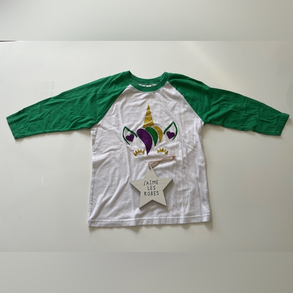 Next Level Apparel Kids Green and White Mardi Gras Unicorn Long Sleeve Tee